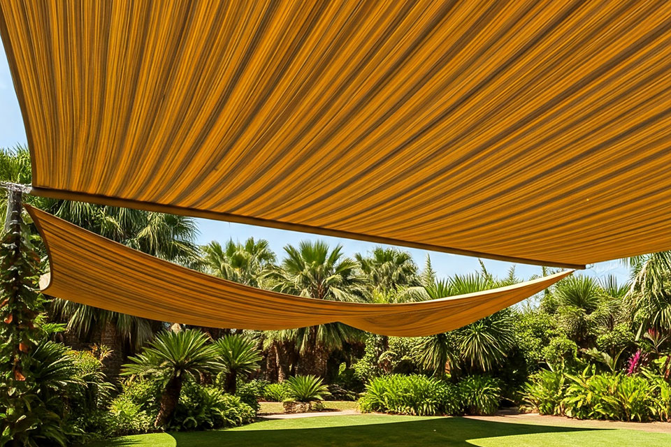 Orange retractable awnings providing shade over a manicured tropical garden with palm trees and lush greenery.